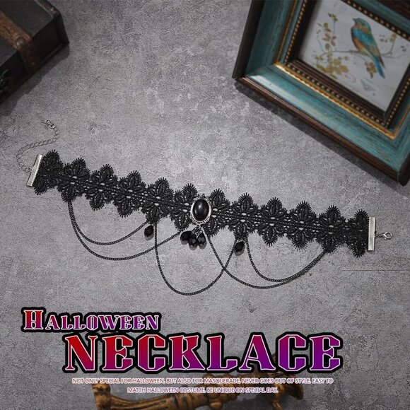 Stunning Black Lace Choker Necklace: Gothic Beaded Design for All Occasions - Picture 2 of 6